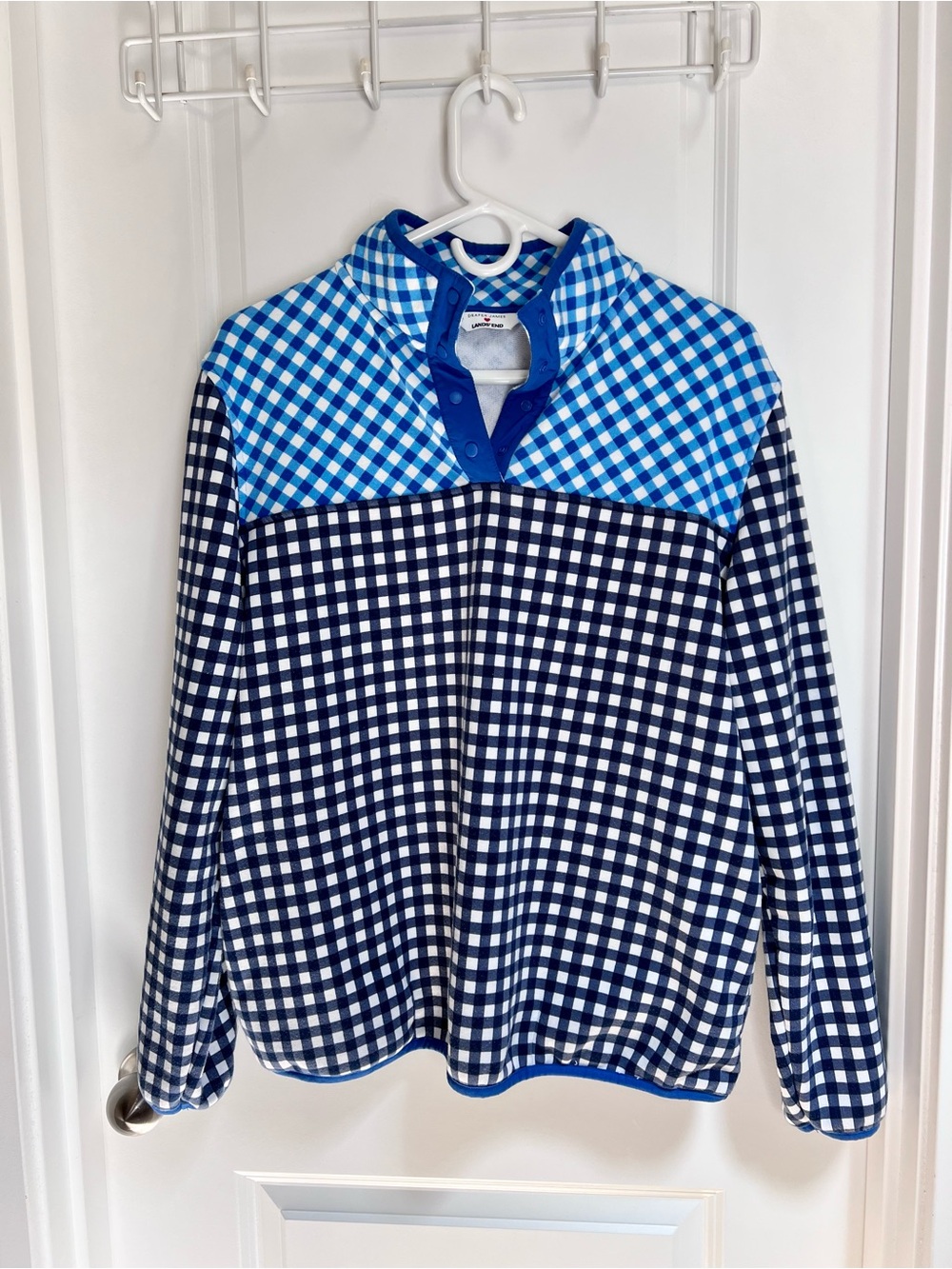 Lands' End x Draper James Gingham Navy & Blue Snap Neck Pullover Sweatshirt Sz L - Picture 2 of 9